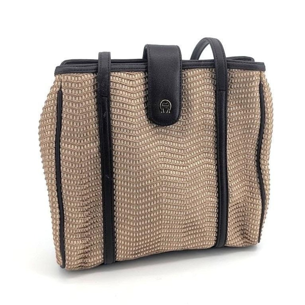 Etienne Aigner Woven Chevron Shoulder‎ Bag Tan Brown Faux Leather Trim Vintage